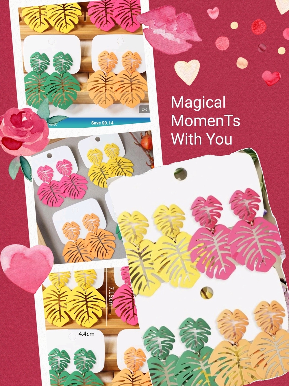Tropical Monstera Leaf Dangle Earrings — Yellow, Pink, Green, Orange